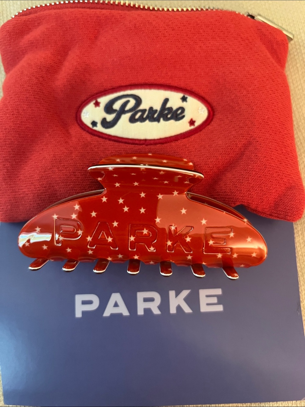 Parke Sparkler White Stars Hair Claw Clip w/ Zip Pouch Coastal Collection NIB